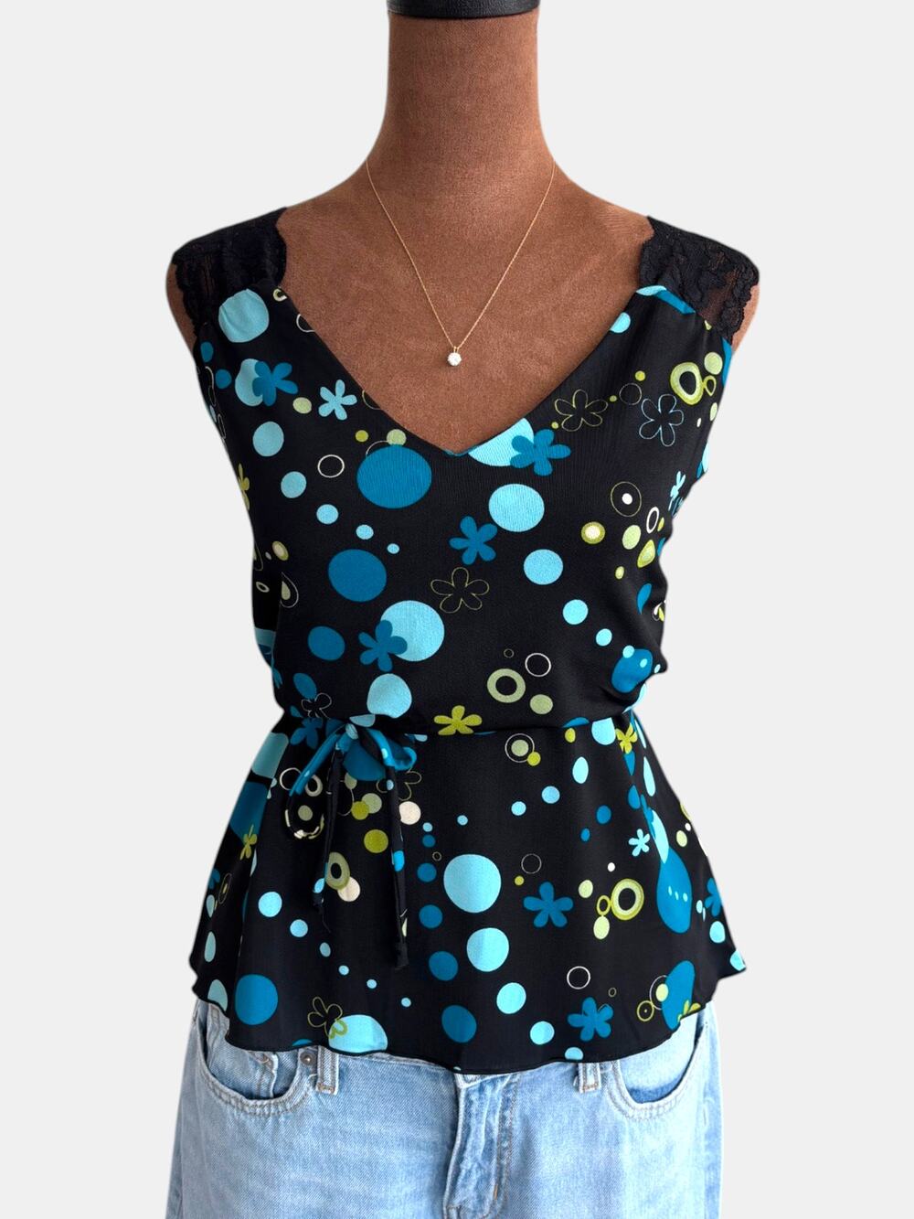 Vintage Y2K Vol.1 Floral Polka Dot Sleeveless Blouse Lace Trim Tie Waist Size XL